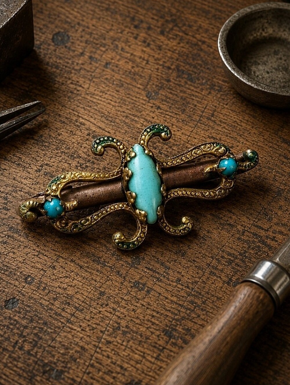 Victorian Turquoise Color Art Deco Vintage Brass Tone Bar Pin C Clasp